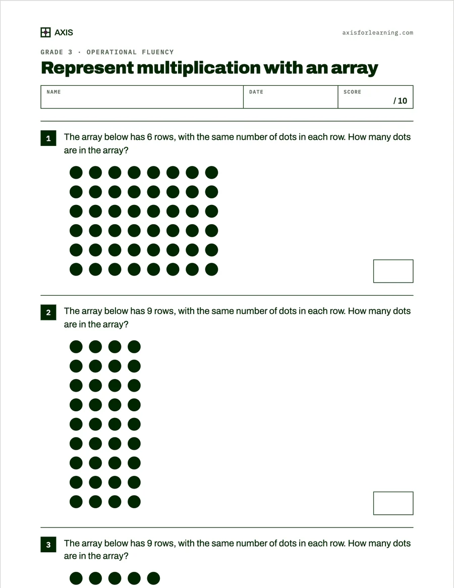 Grade 3 worksheet: represent multiplication with an array