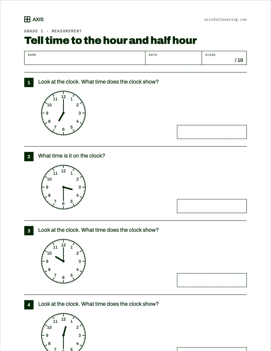 Grade 1 worksheet: tell time to the hour and half hour